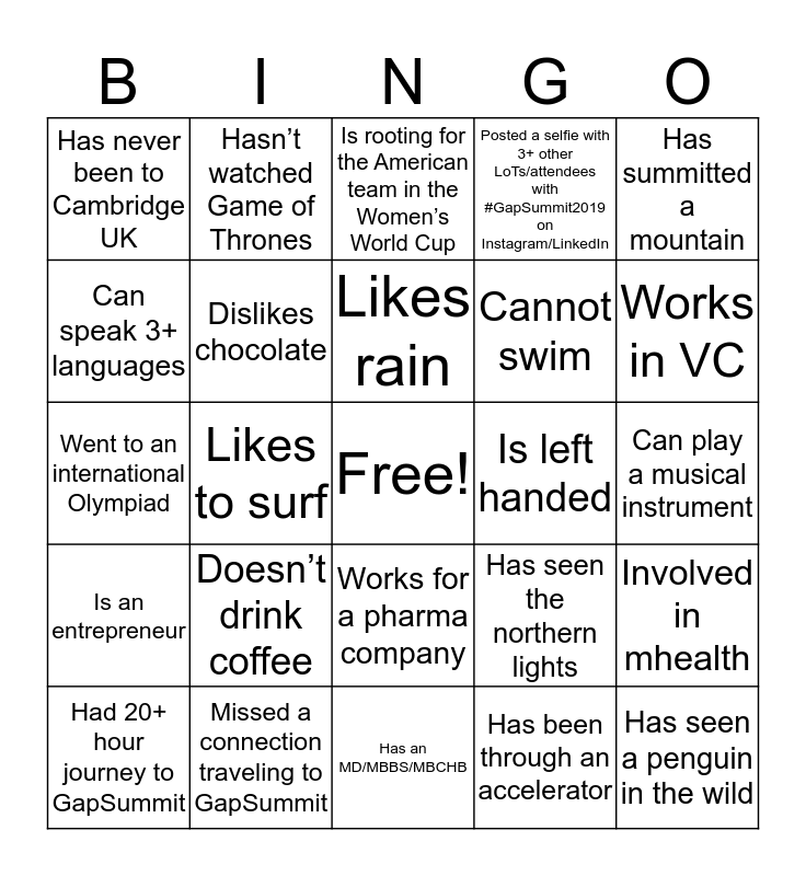 GapSummit Networking Reception Bingo (Find someone who...) Bingo Card