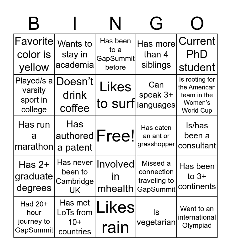 GapSummit Networking Reception Bingo (Find someone who...) Bingo Card