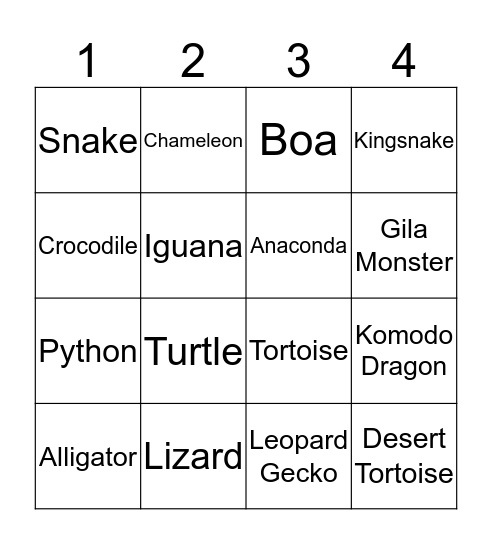 Reptile Bingo!  Bingo Card