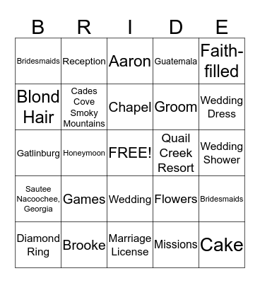 BRIDAL Bingo Card
