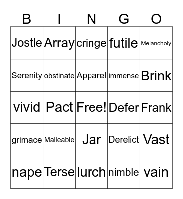 ManUP Vocabulary Bingo Card