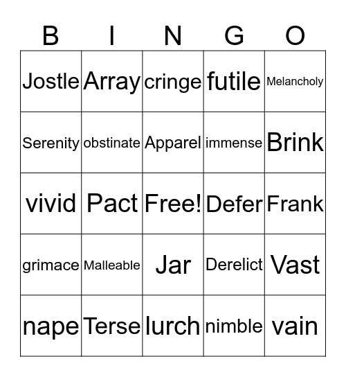 ManUP Vocabulary Bingo Card