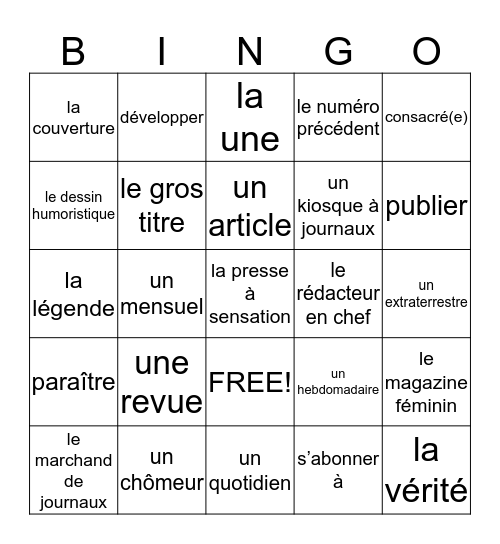 French III- Vocabulaire de 6.1 Bingo Card