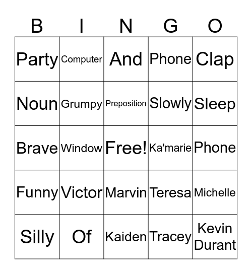 Parts of Speech Bingo Card