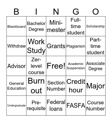 College Lingo Bingo Card