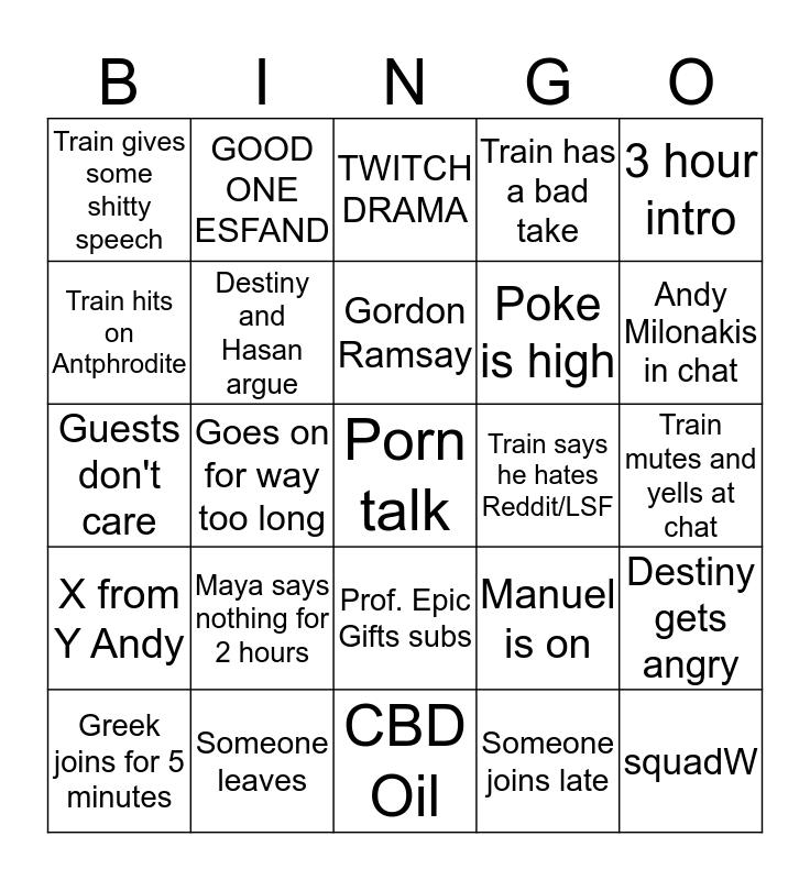 Scuffed Podcast Bingo Card