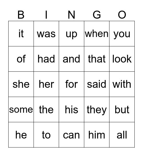 sight words (mainly T1, some T2) Kindergarten Bingo Card