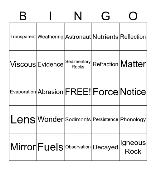 SEA Vocabulary Bingo Card