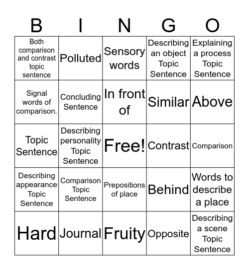Writing Review Bingo Card