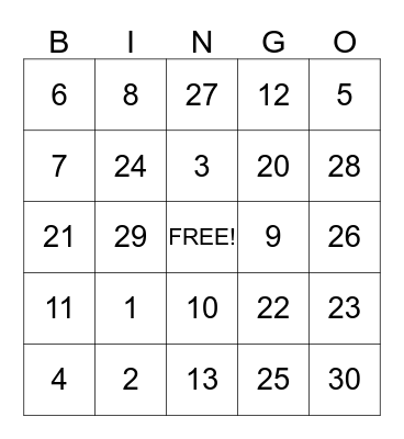 Number BINGO Card
