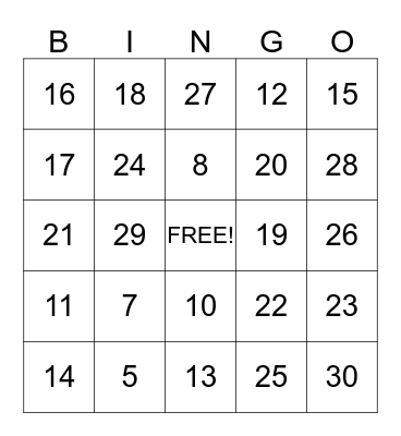 Number BINGO Card