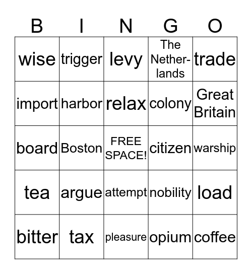 Lesson 9 - The History of English Tea Bingo Card