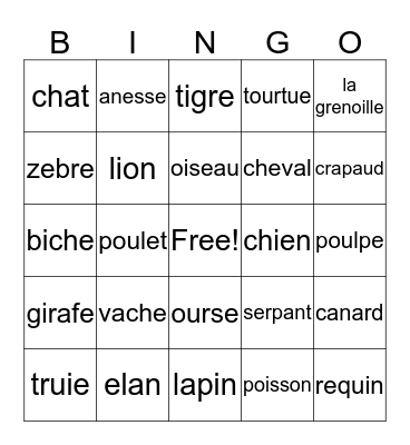 Animal BINGO Card