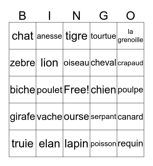 Animal BINGO Card