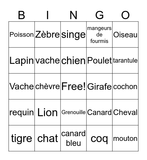 Des animaux Bingo Card