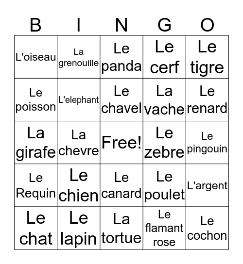 Des Animaux Bingo Card