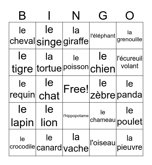 Des Animaux Bingo Card