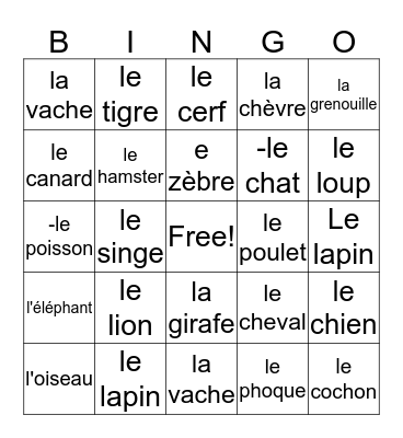 french animals  Bingo Card