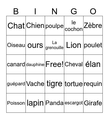 Animals Bingo Card