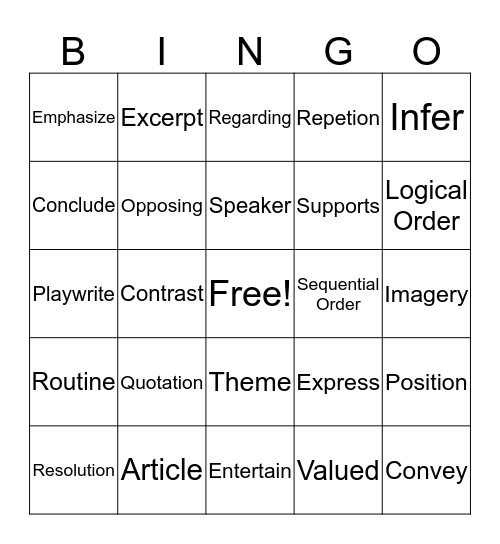 Summer School Vocabulary Bingo Card