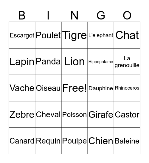 Des Animaux Bingo Card