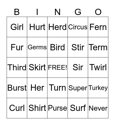 -er, -ir, -ur Bingo Card