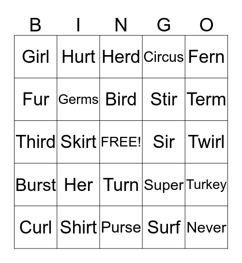 -er, -ir, -ur Bingo Card