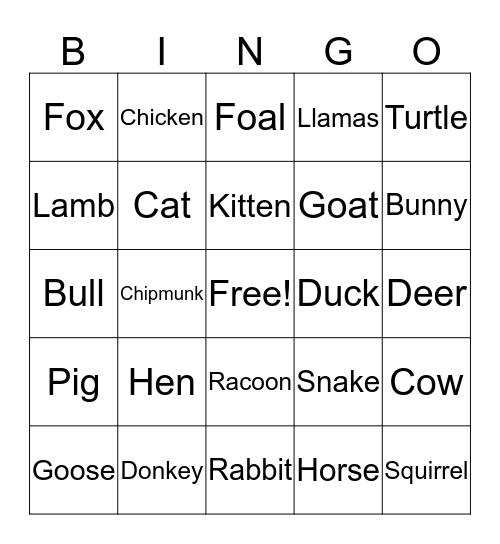 Animal Bingo! Bingo Card