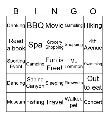 Weekend Fun Bingo! Bingo Card