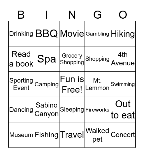 Weekend Fun Bingo! Bingo Card