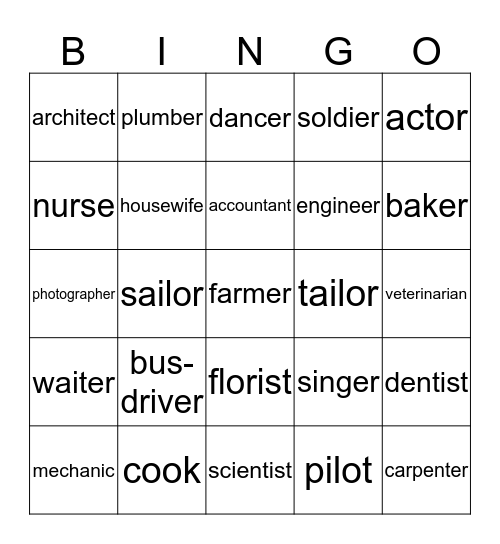 Occuoations Bingo Card