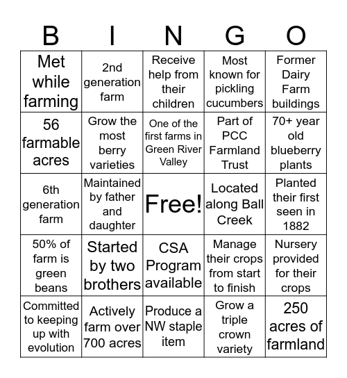 Farm Tour Bingo 2019 Bingo Card