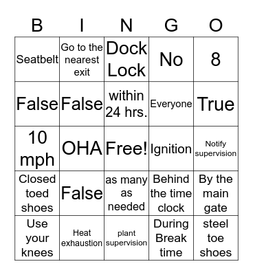 Warehouse safety Bingo Card