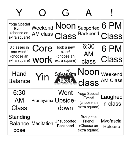 Mesa Rim Summer Yoga Bingo Card