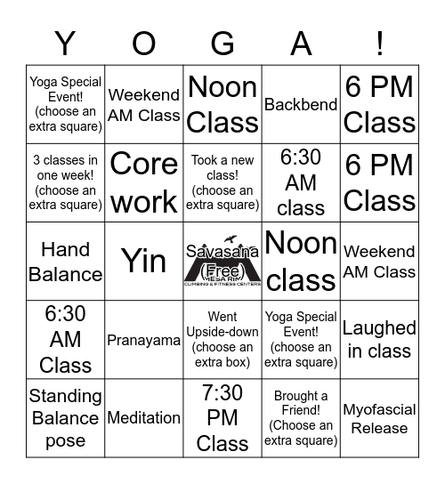 Mesa Rim Summer Yoga Bingo Card
