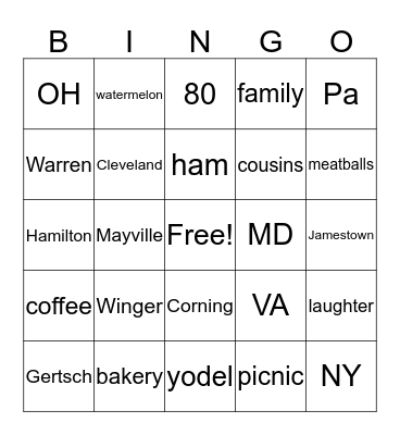 80th Gertsch Family Reunion Bingo Card