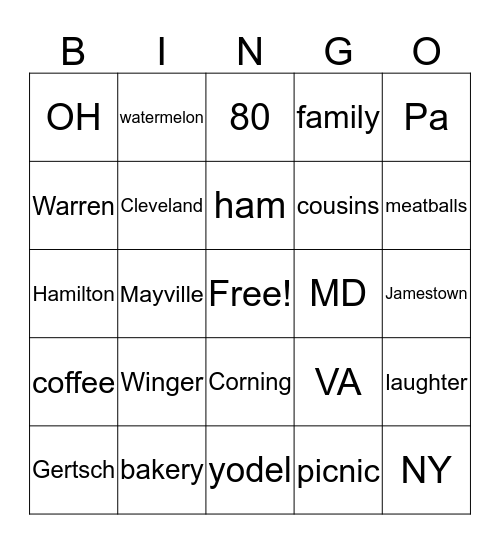 80th Gertsch Family Reunion Bingo Card