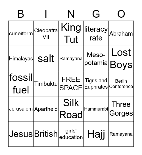 6th Grade Social Studies Bingo Card