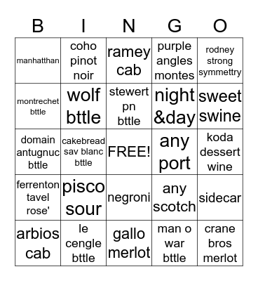 Bar Bingo Card