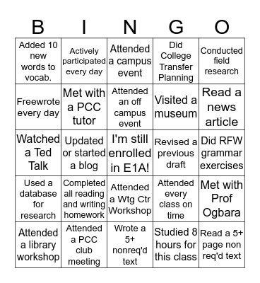 Weekly English 1A Bingo Card