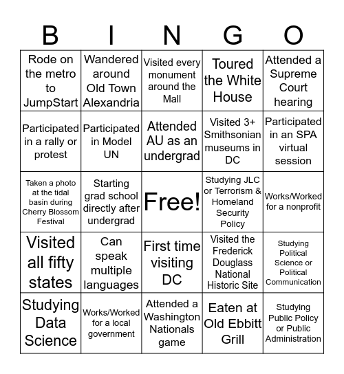 SPA Bingo Card