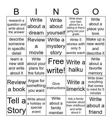 Write Your Heart Out Bingo Card