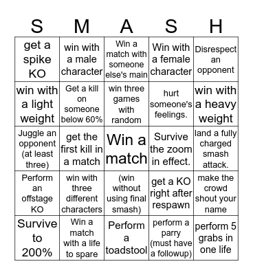 Smash bros Bingo Card