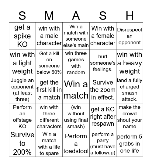 Smash bros Bingo Card
