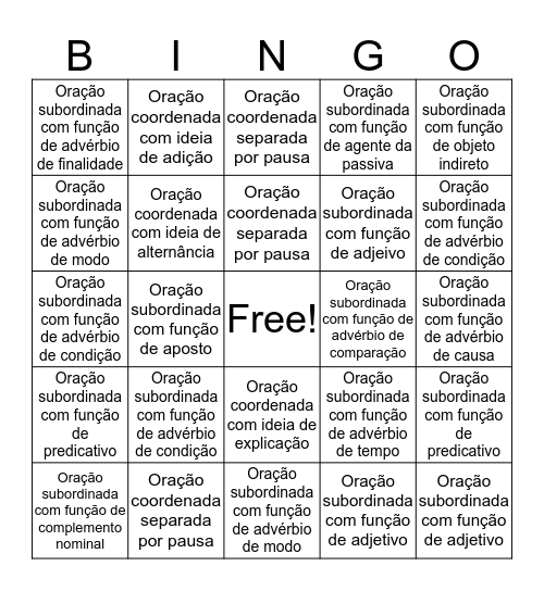 Coordenação e subordinação Bingo Card