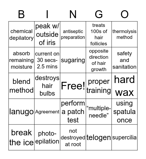 Hair Removal Bingo Card