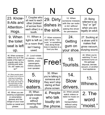 Pet Peeve Bingo Card