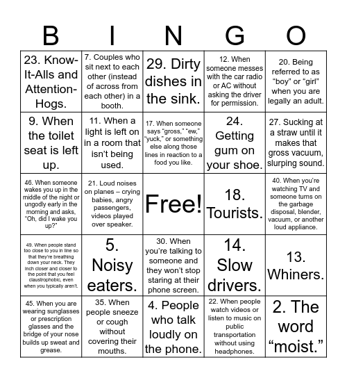 Pet Peeve Bingo Card