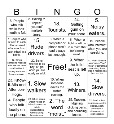 Pet Peeve Bingo Card