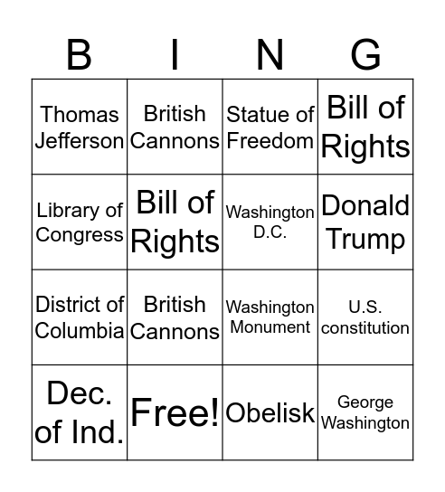 Washington D.C. Bingo Card